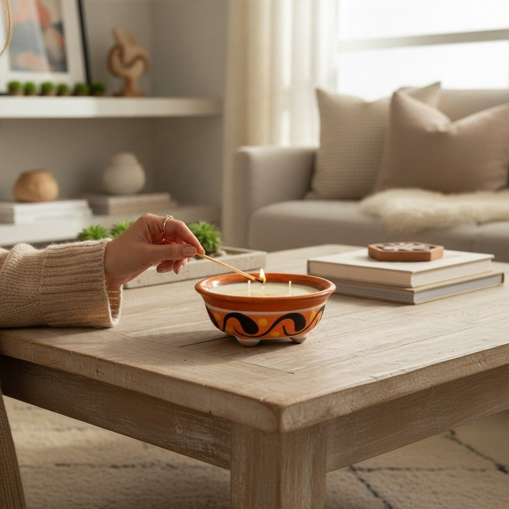 The Vela Lady handmade orange and light brown Barro pottery salsa bowl candle being lit on a rustic wooden table.