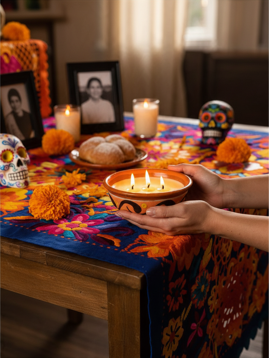 The Vela Lady handmade orange and light brown barro salsa bowl soy candle held in hands on a decorated table