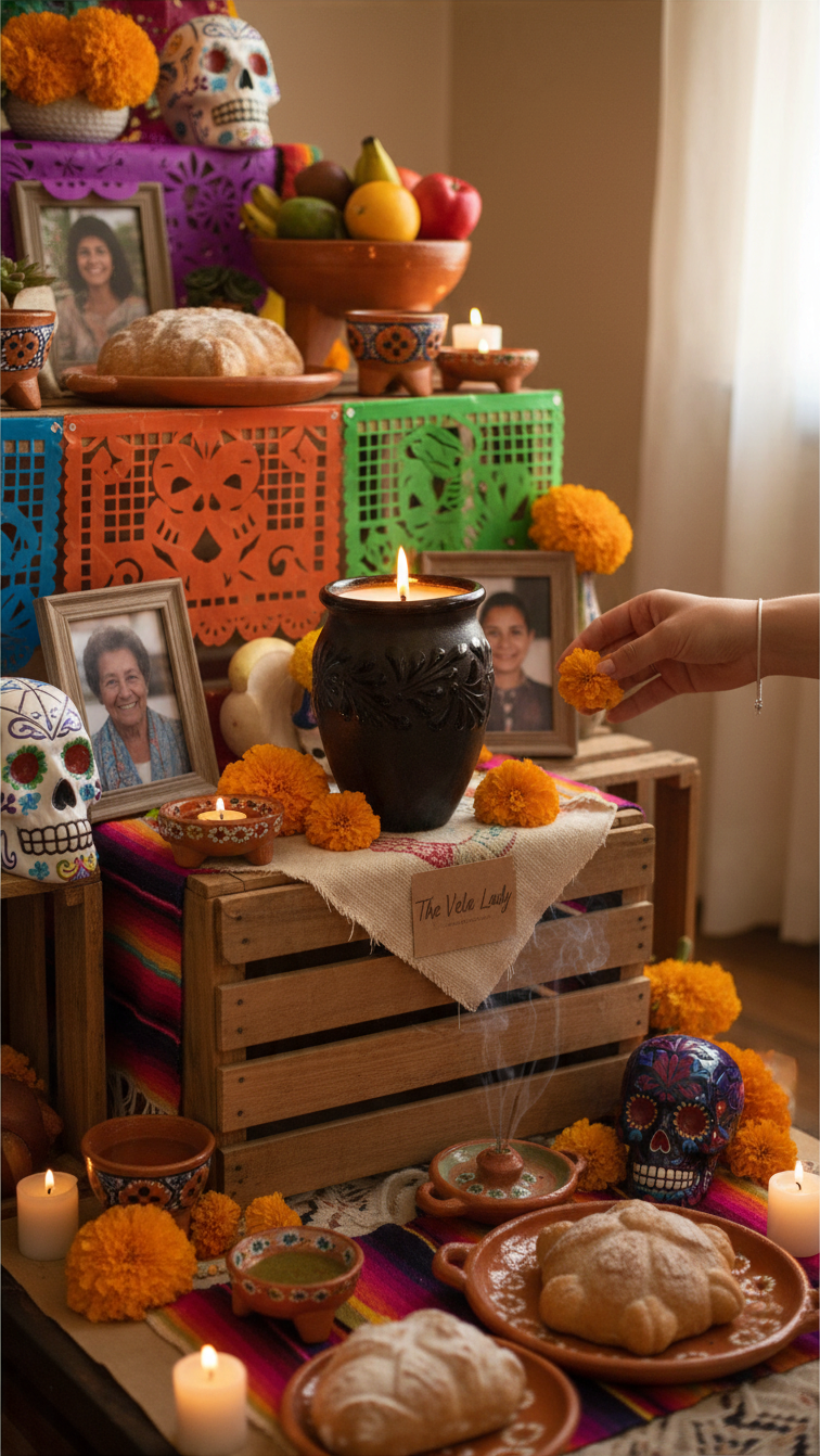 The Vela Lady Papacito Collection black barro jarrito candle burning on a traditional Dia de los Muertos altar
