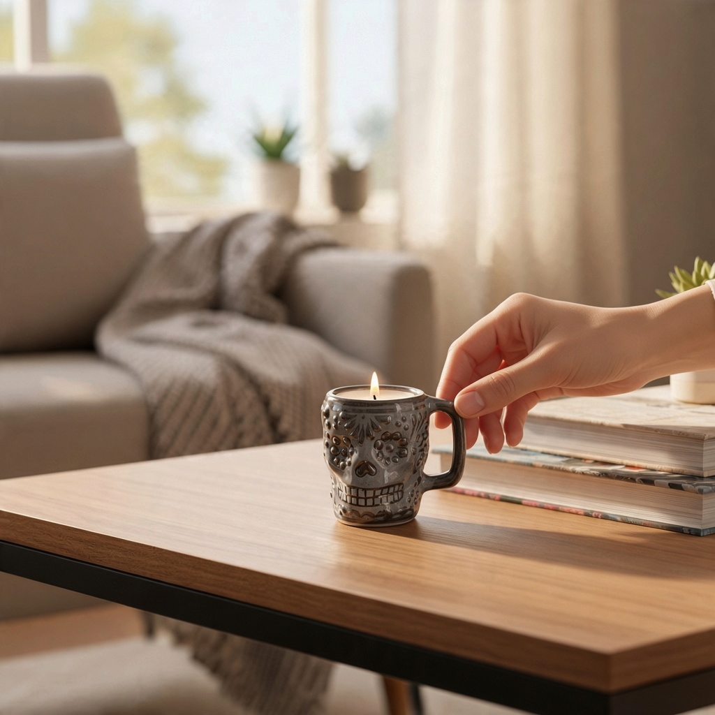 The Vela Lady black calavera skull shot glass candle on a wooden table in a cozy living room setting