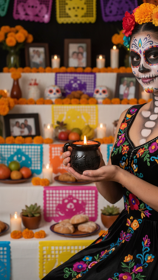 The Vela Lady Papacito Collection black handmade Mexican barro tazita candle held by a woman in Day of the Dead makeup