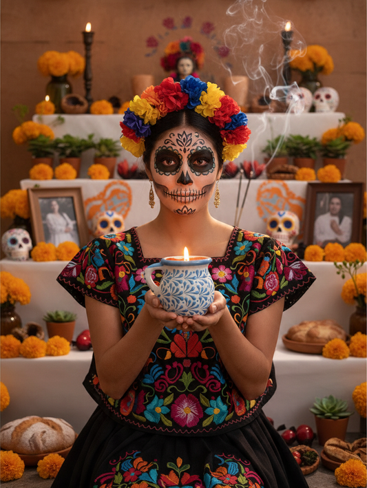 The Vela Lady blue hand-painted Mexican barro mug candle held by a woman in traditional Day of the Dead attire.
