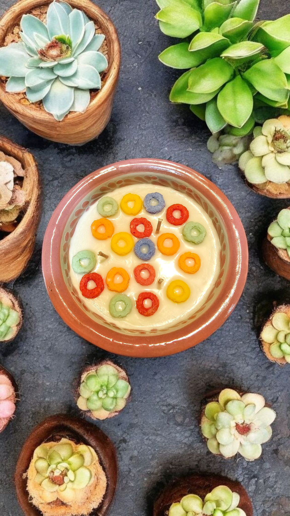 The Vela Lady brown Talavera salsa bowl soy candle topped with colorful cereal loops surrounded by small succulents.