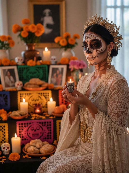 The Vela Lady Calavera shot glass soy candle in black, held by a woman in traditional Dia de los Muertos attire.