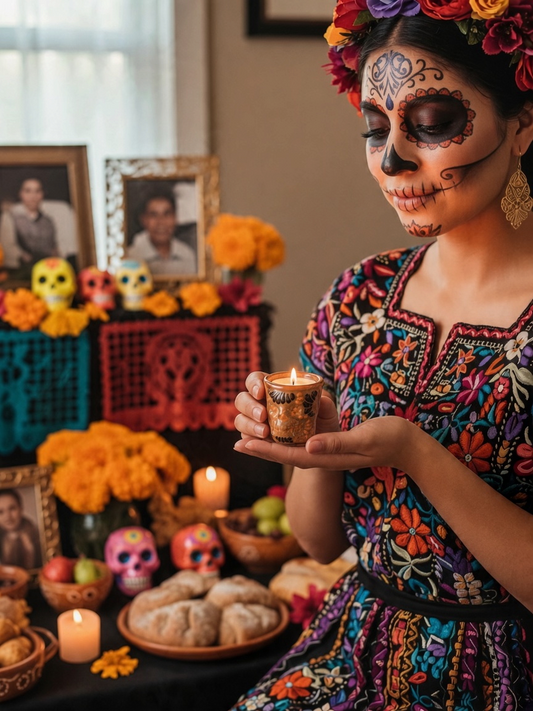 The Vela Lady Calavera shot glass soy candle in orange and brown, held by a woman in traditional Dia de los Muertos makeup.