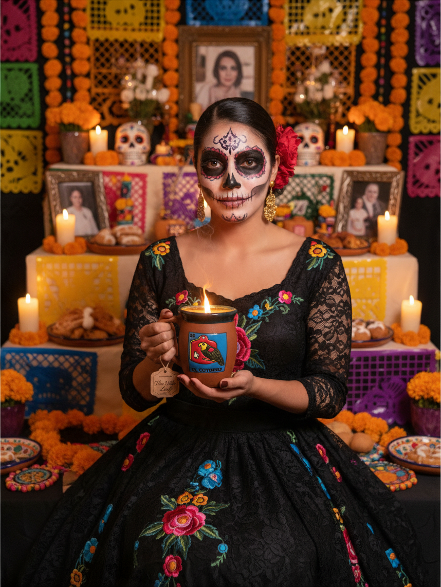 The Vela Lady El Cotorro cantarito soy candle held by a woman in traditional Day of the Dead makeup and black dress.