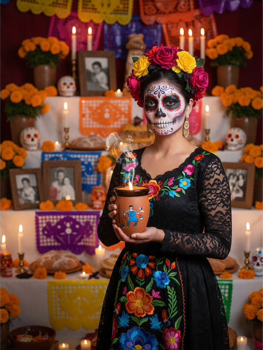 The Vela Lady El Mandilon cantarito soy candle held by a woman in traditional Day of the Dead makeup and floral dress.