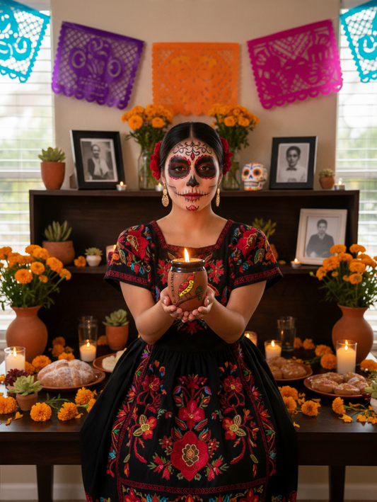 The Vela Lady El Pajaro Cantarito soy candle held by a woman in traditional Mexican attire and sugar skull makeup.