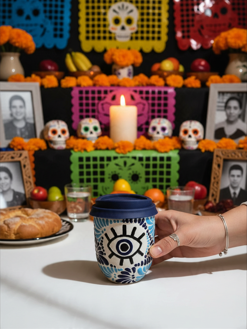 The Vela Lady Evil Eye Talavera tumbler candle in blue, held by a hand in front of a traditional Dia de los Muertos altar.