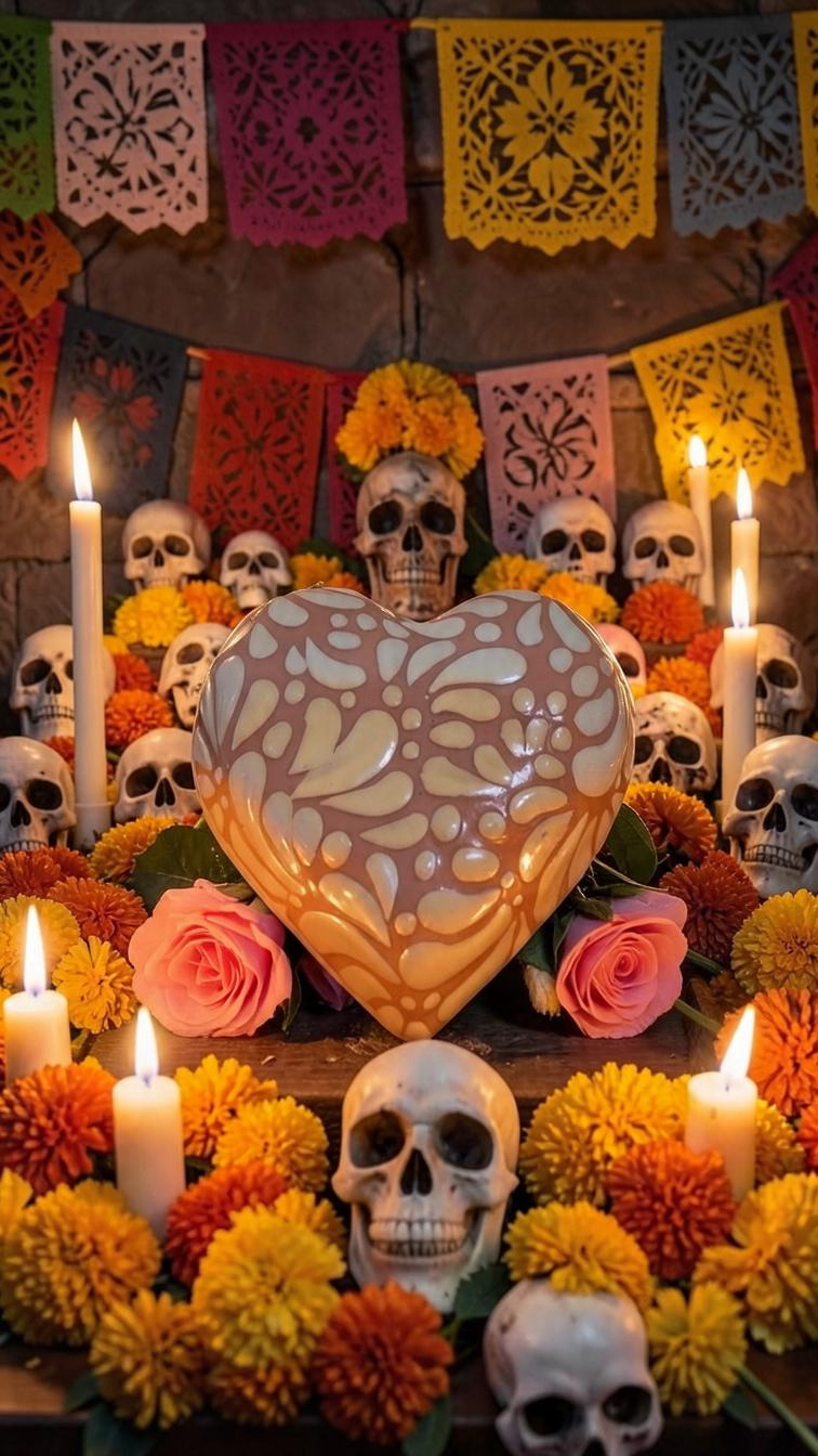 The Vela Lady heart-shaped Talavera candle holder in white and pink, displayed on a Day of the Dead altar with skulls.