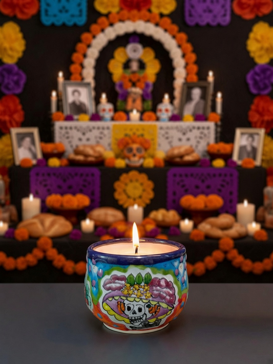 The Vela Lady La Catrina Talavera mug candle with hand-painted skull design, set against a traditional altar background.