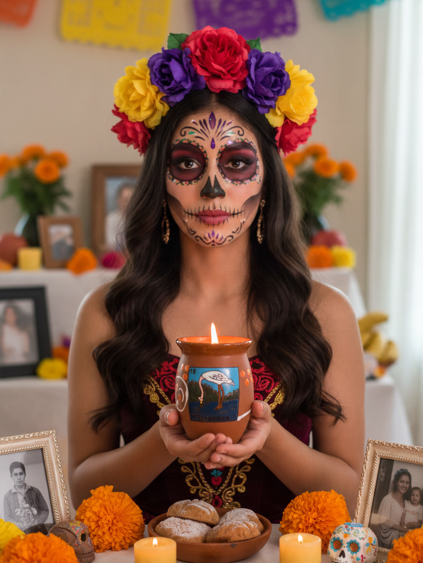 The Vela Lady La Garza Cantarito soy candle held by a woman in traditional Dia de los Muertos makeup and floral crown.