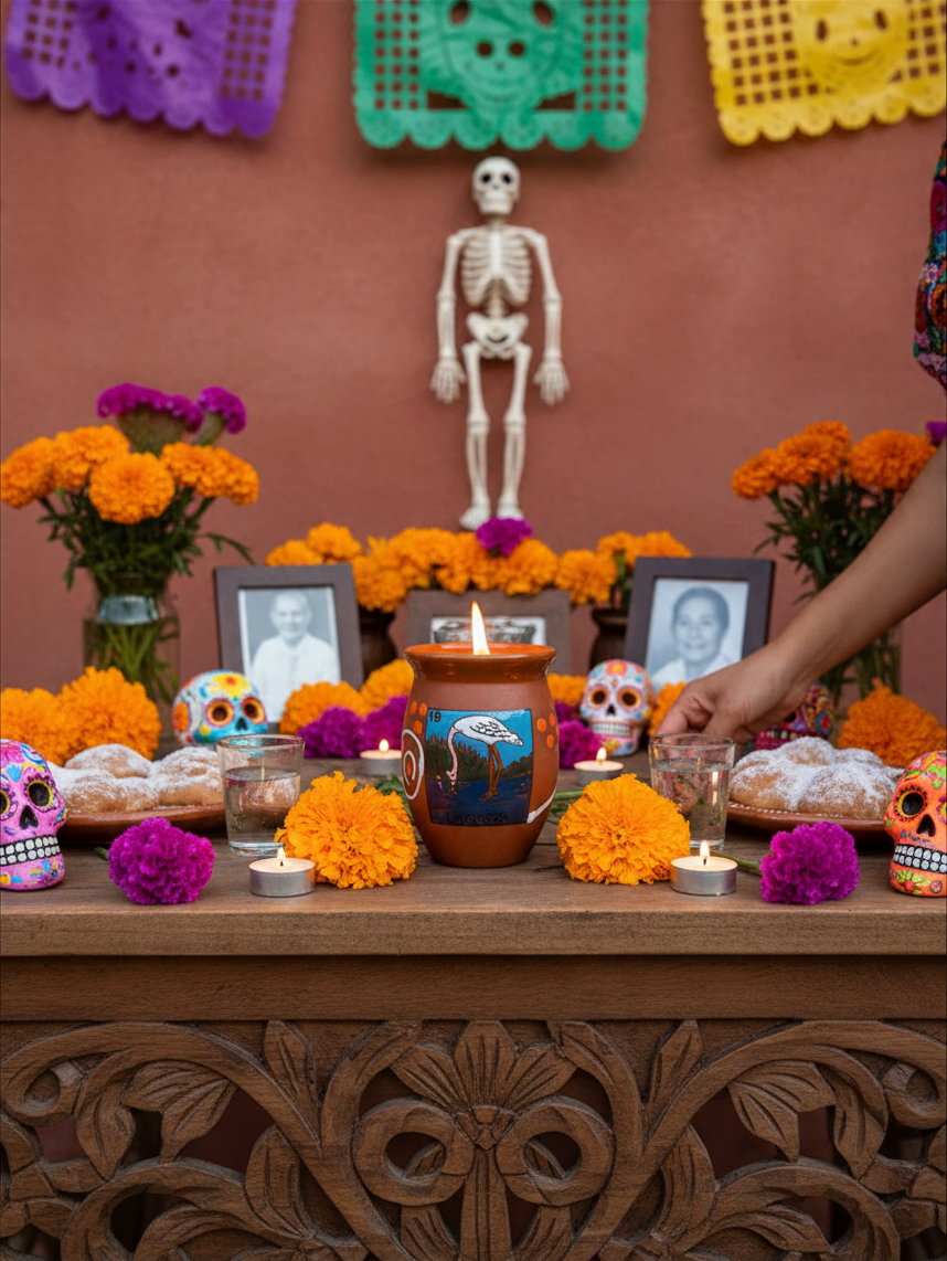 The Vela Lady La Garza Cantarito candle burning on a Day of the Dead altar with marigolds, sugar skulls, and photos.