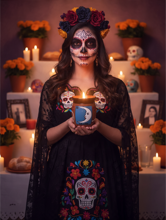 The Vela Lady La Luna cantarito soy candle held by a woman in traditional Day of the Dead makeup and floral crown.
