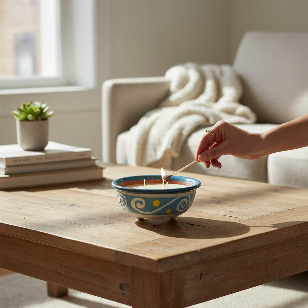 The Vela Lady light blue handmade Mexican barro salsa bowl candle being lit on a wooden coffee table.