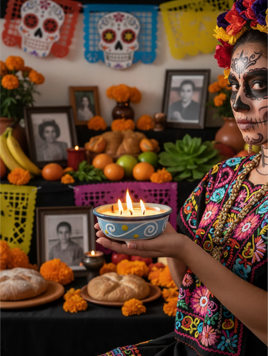 The Vela Lady light blue handmade barro salsa bowl candle held by a woman in traditional Day of the Dead attire.