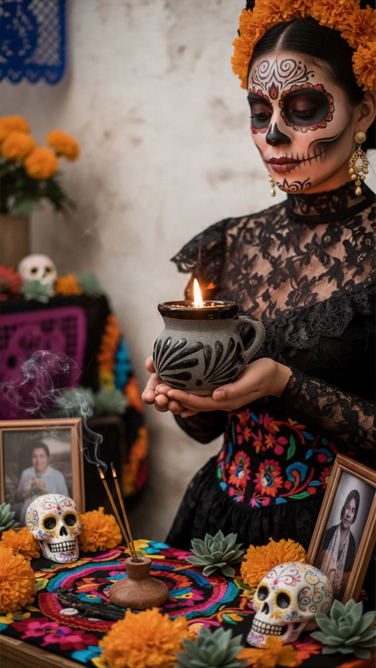 The Vela Lady Papacito Collection soy candle in a handmade gray Mexican barro tazita mug held by a woman in Catrina makeup