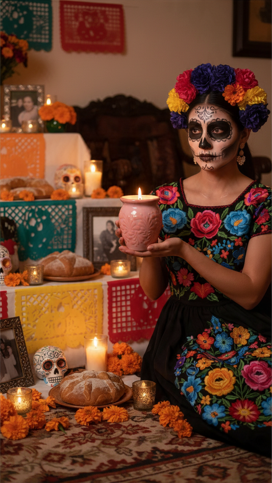 The Vela Lady pink cantarito soy candle held by a woman in traditional Mexican attire and sugar skull makeup