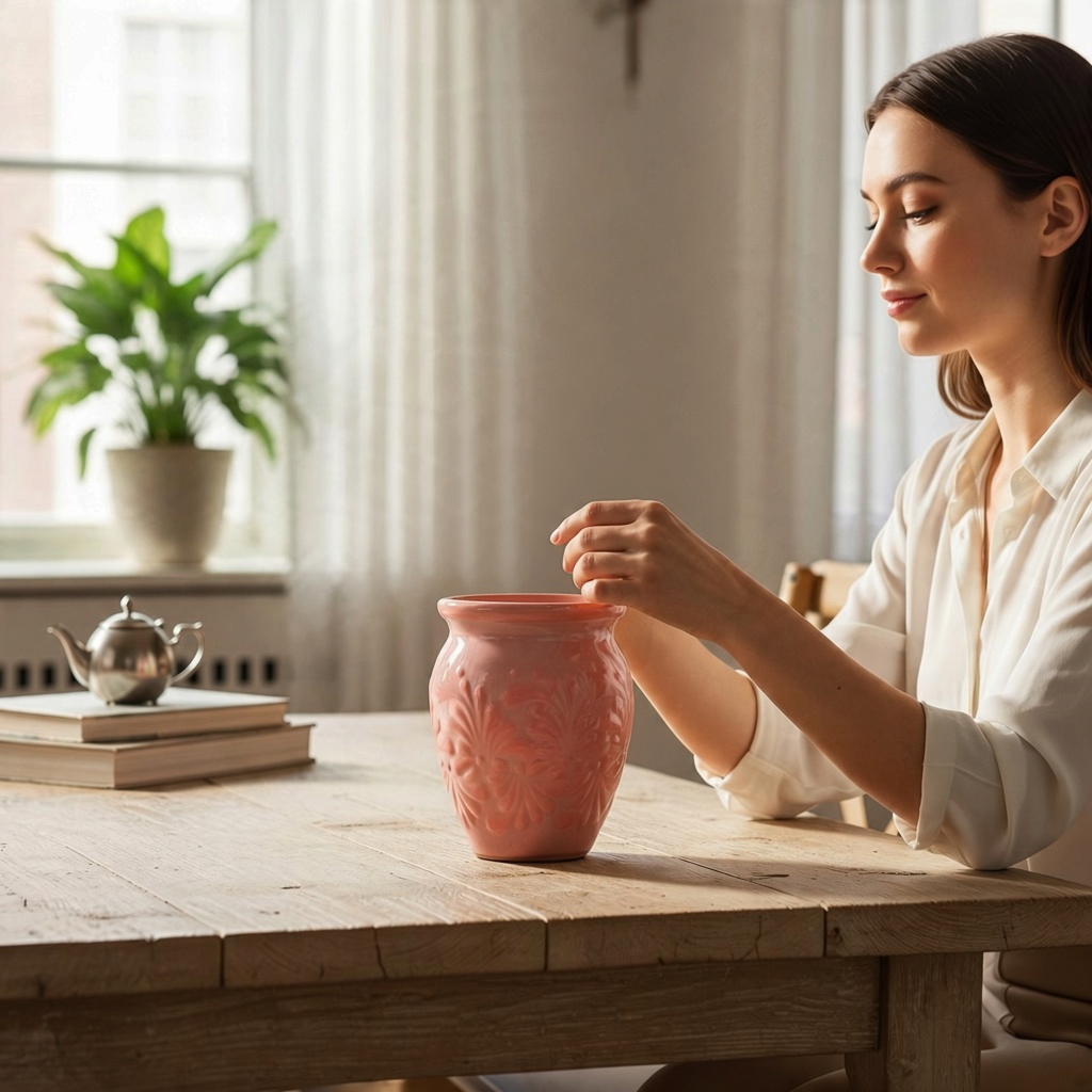 The Vela Lady pink handmade Mexican barro cantarito candle on a wooden table with a woman sitting beside it.