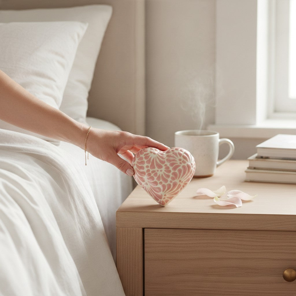 The Vela Lady heart-shaped pink and white Talavera ceramic trinket holder candle on a wooden bedside table.