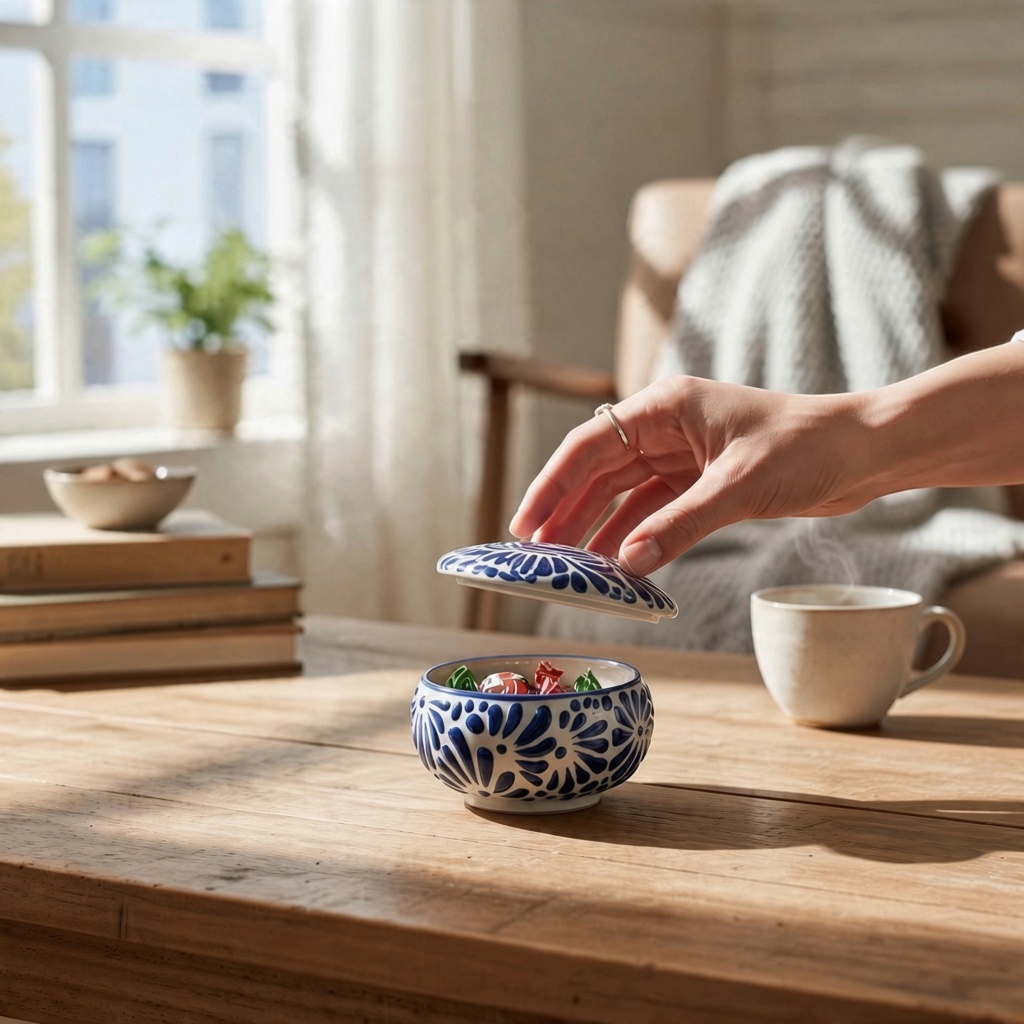The Vela Lady blue and white Talavera ceramic trinket holder with lid being opened on a wooden table