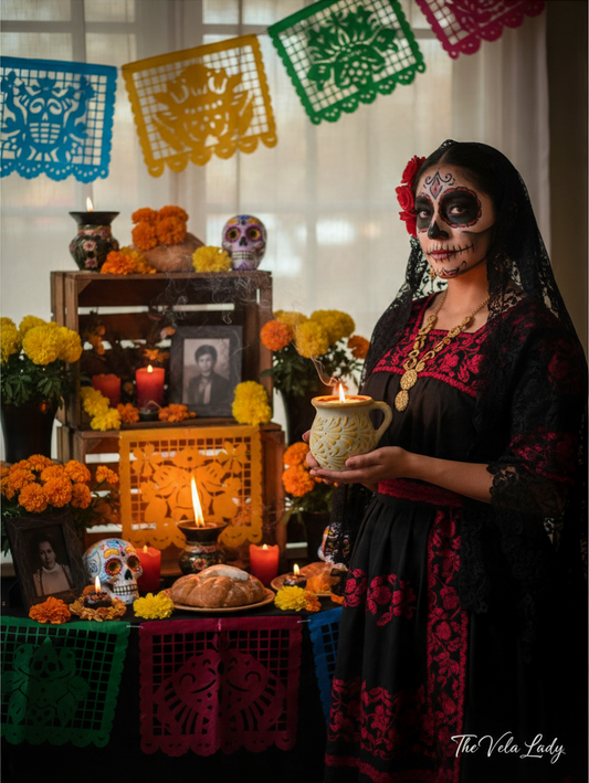 The Vela Lady yellow Mangoneada soy candle in a handmade Mexican barro mug held by a woman in traditional Catrina attire