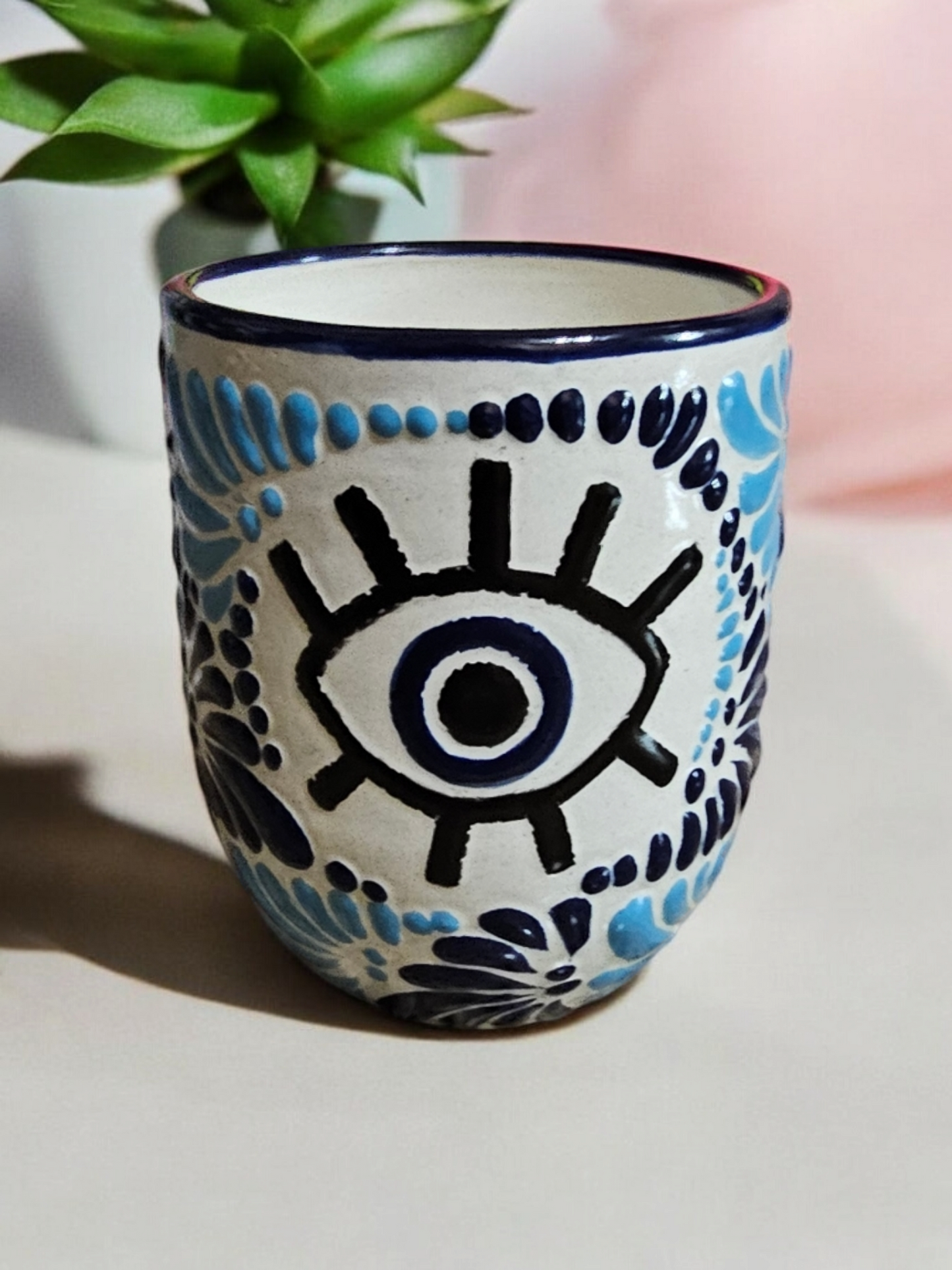 Buenas Vibras Collection, Evil Eye Talavera Tumbler Candle, Blue