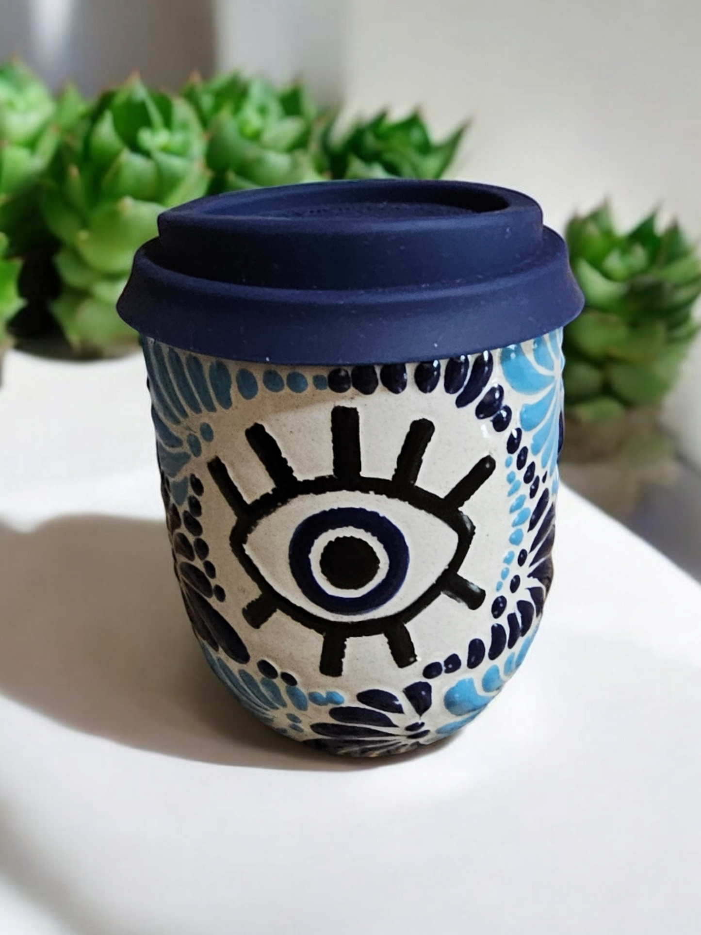 Buenas Vibras Collection, Evil Eye Talavera Tumbler Candle, Blue