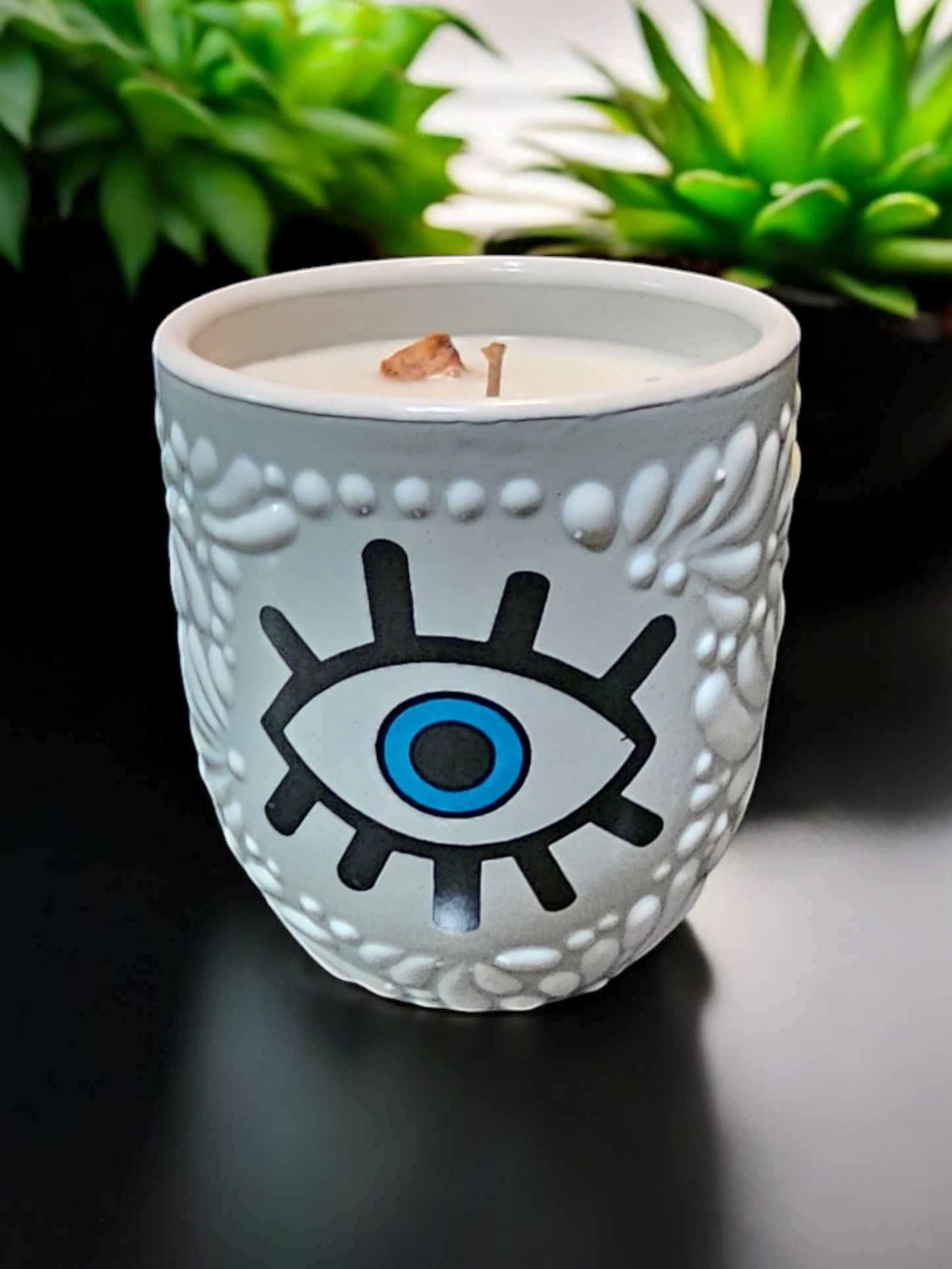 Buenas Vibras Collection, Evil Eye Talavera Tumbler Candle, White