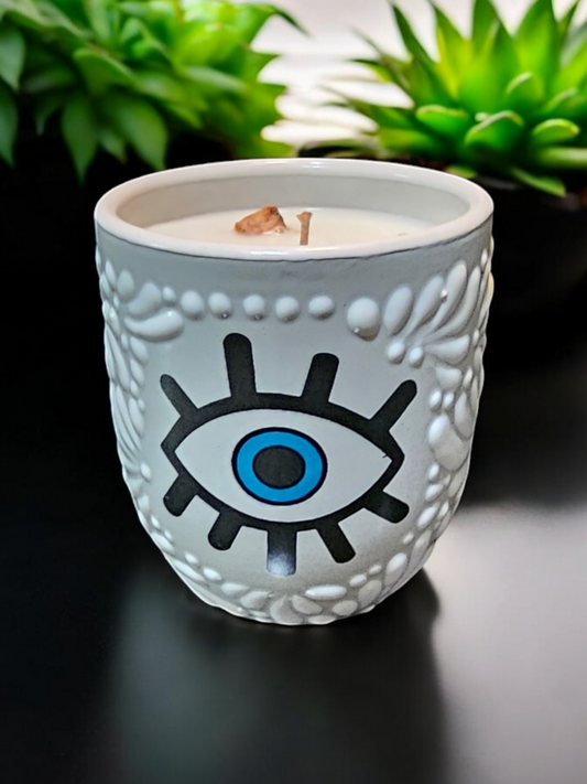 Buenas Vibras Collection, Evil Eye Talavera Tumbler Candle, White