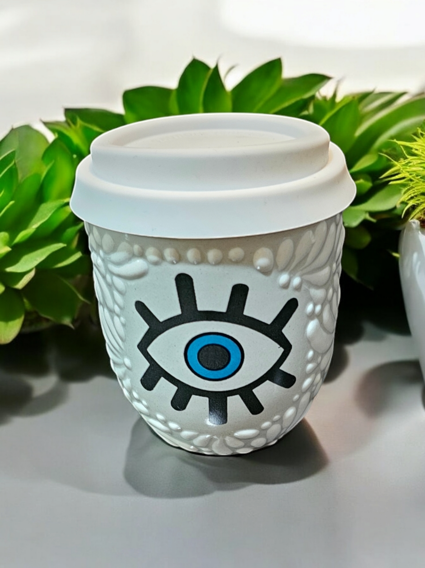 Buenas Vibras Collection, Evil Eye Talavera Tumbler Candle, White