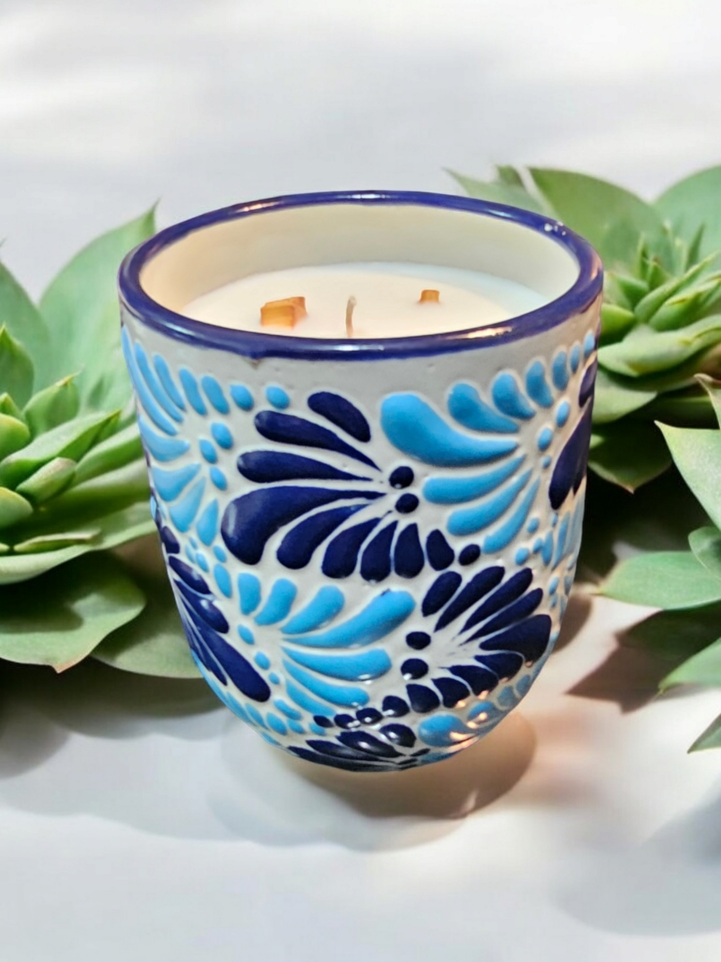 Buenas Vibras Collection, Evil Eye Talavera Tumbler Candle, Blue