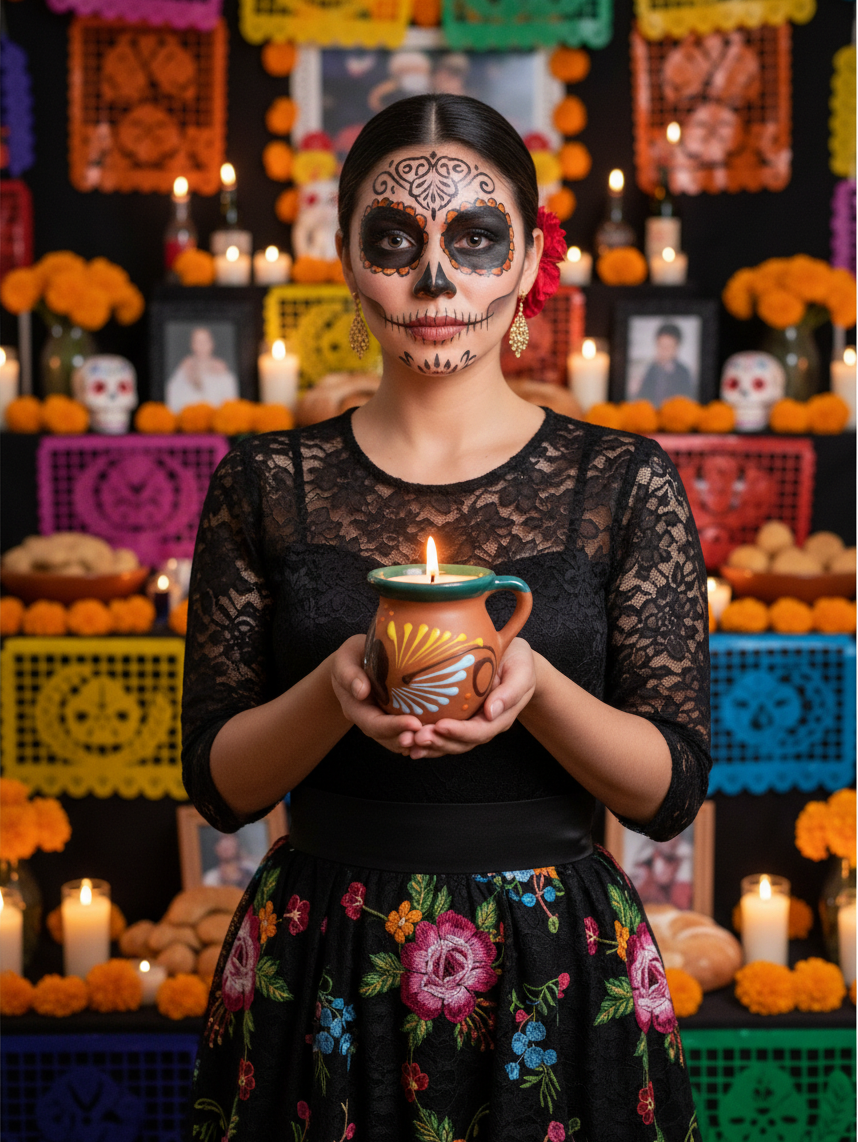 The Vela Lady handmade Mexican barro mug candle held by a woman in traditional Day of the Dead makeup and floral dress