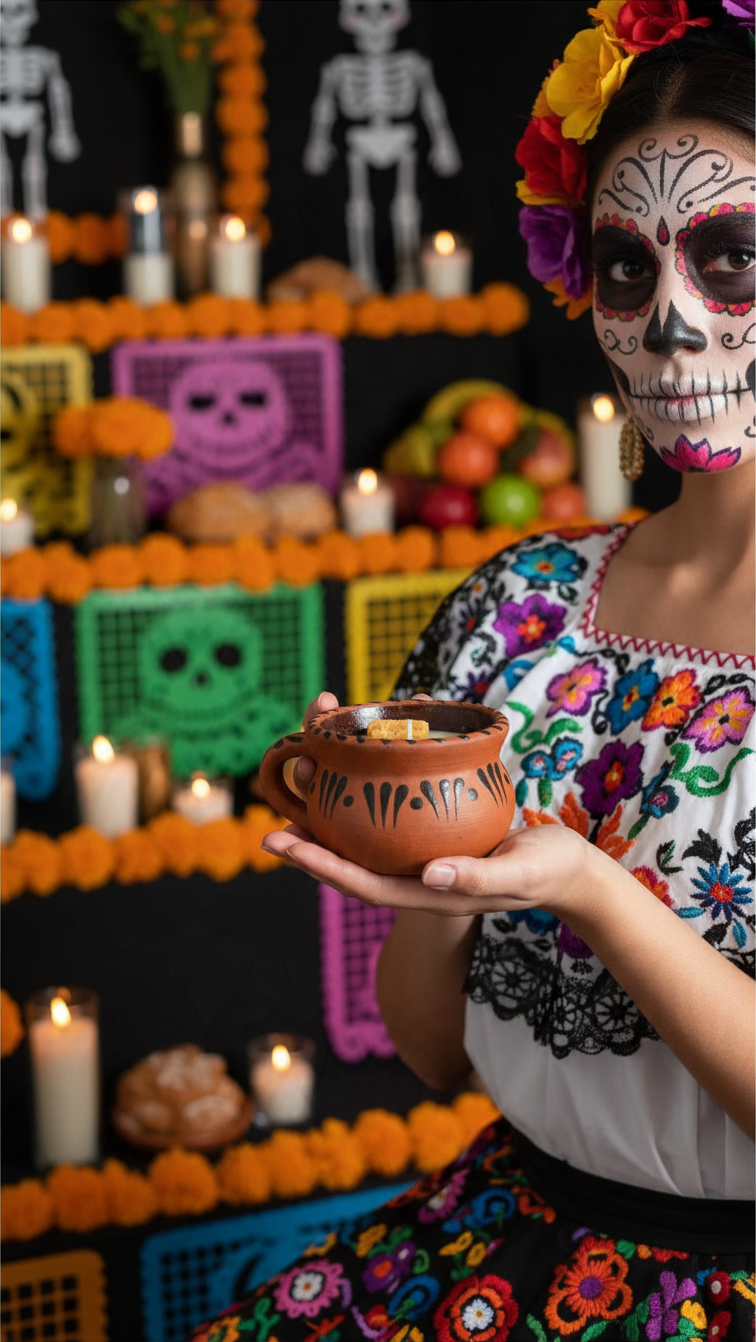 The Vela Lady Taza Collection candle in a dark Mexican barro mug with black espiga design held by a woman in catrina