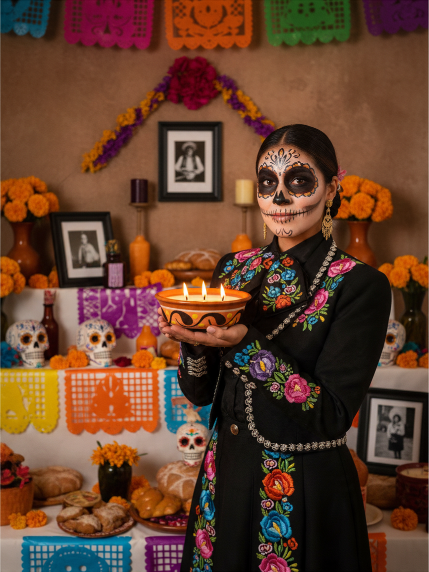 The Vela Lady handmade orange and light brown barro salsa bowl candle held by a woman in traditional Day of the Dead attire