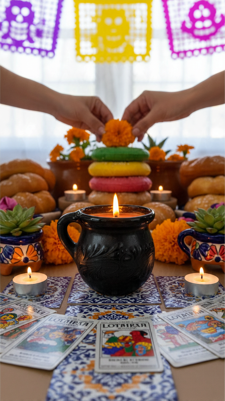 The Vela Lady black handmade Mexican barro mug candle on a table with marigolds, candles, and Loteria cards.