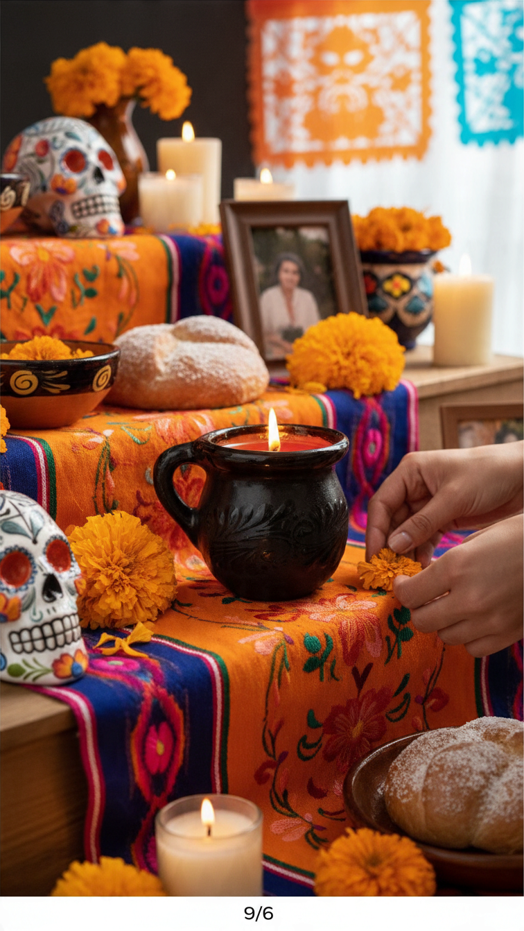 The Vela Lady Papacito Collection black handmade Mexican barro tazita candle on a vibrant Dia de los Muertos altar