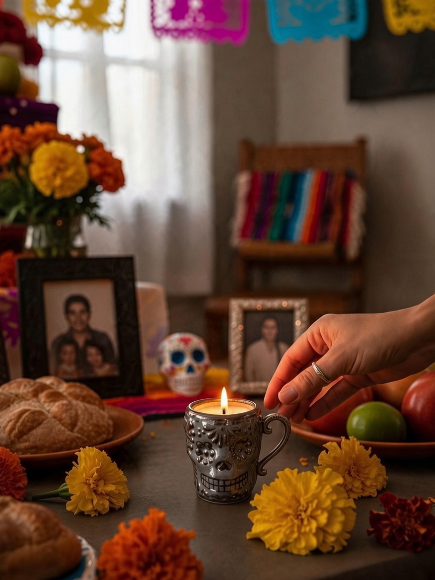 The Vela Lady black Talavera calavera shot glass candle burning on a Dia de los Muertos altar with marigold flowers.