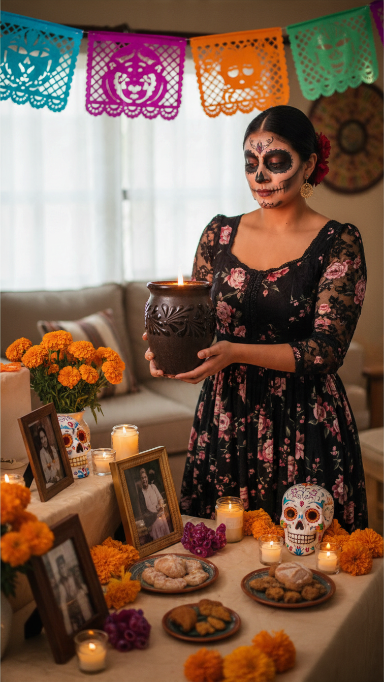 The Vela Lady Papacito Collection black jarrito candle held by a woman in traditional Dia de los Muertos makeup