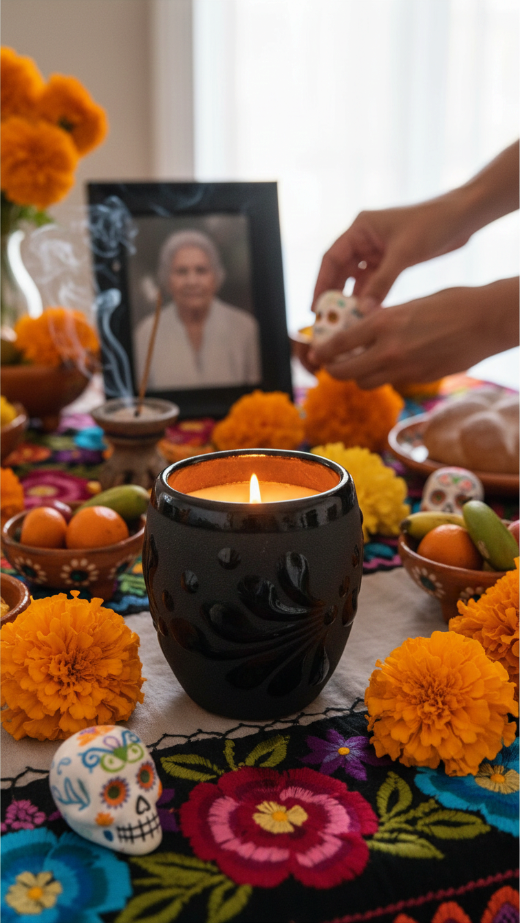 The Vela Lady Papacito Collection black handmade Mexican pottery soy candle burning on a festive Day of the Dead altar.