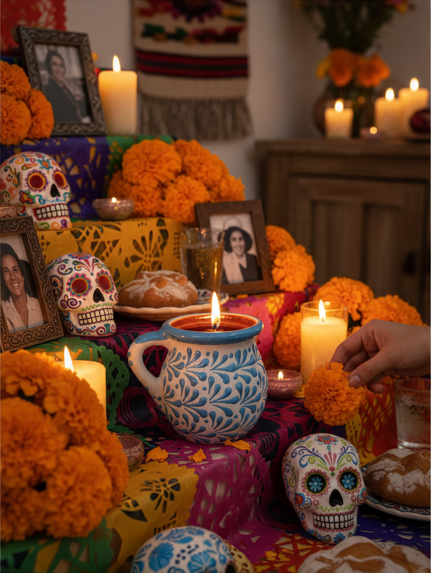 The Vela Lady blue hand-painted Mexican barro mug candle displayed on a vibrant Day of the Dead altar with marigolds.