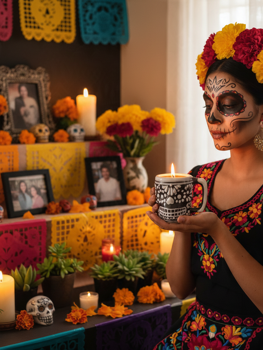 The Vela Lady Calavera shot glass candle with white skull design on black Talavera, held by a woman in Day of the Dead makeup.