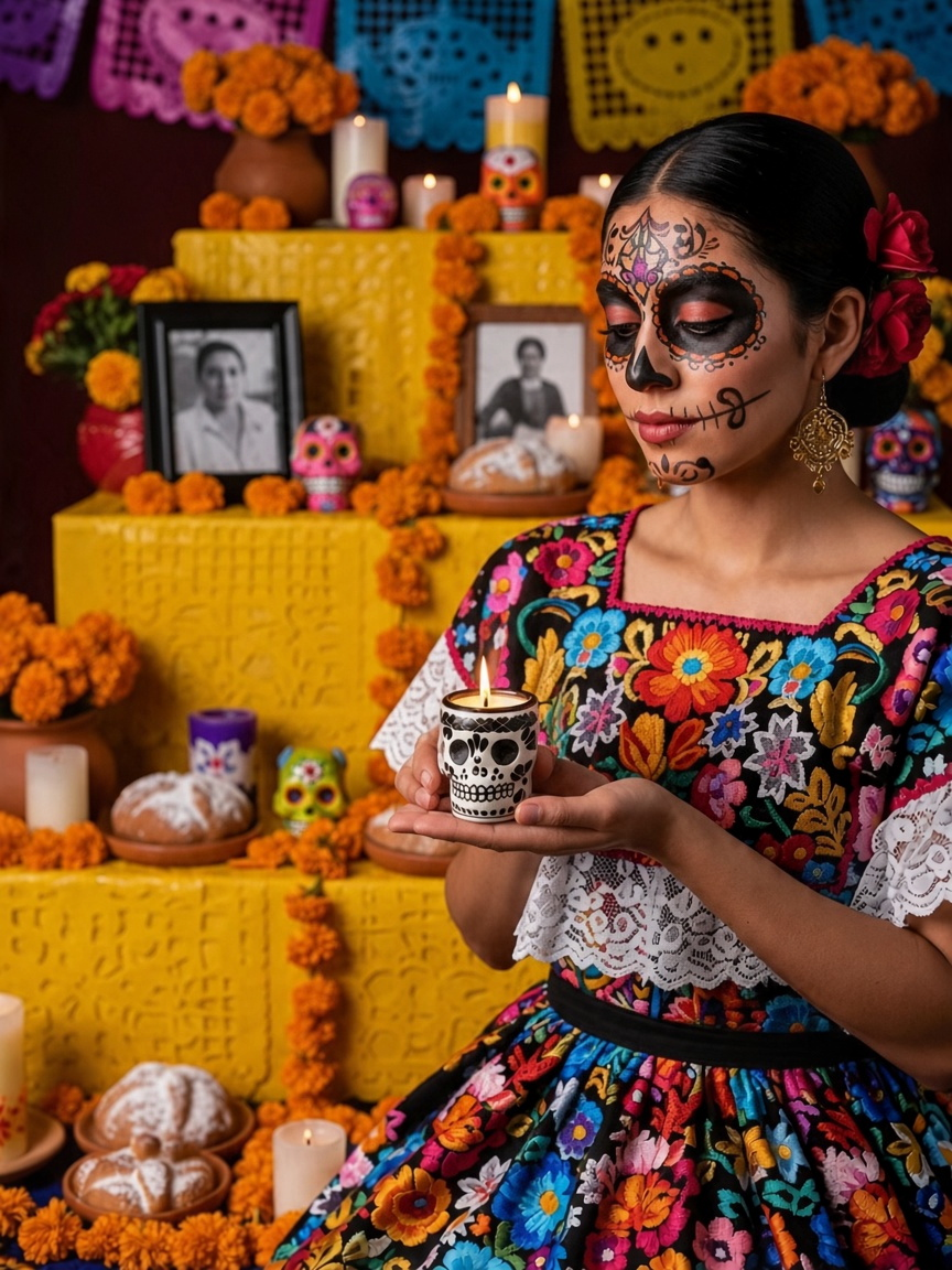 The Vela Lady Calavera shot glass soy candle in a white and black Talavera vessel held by a woman in traditional attire