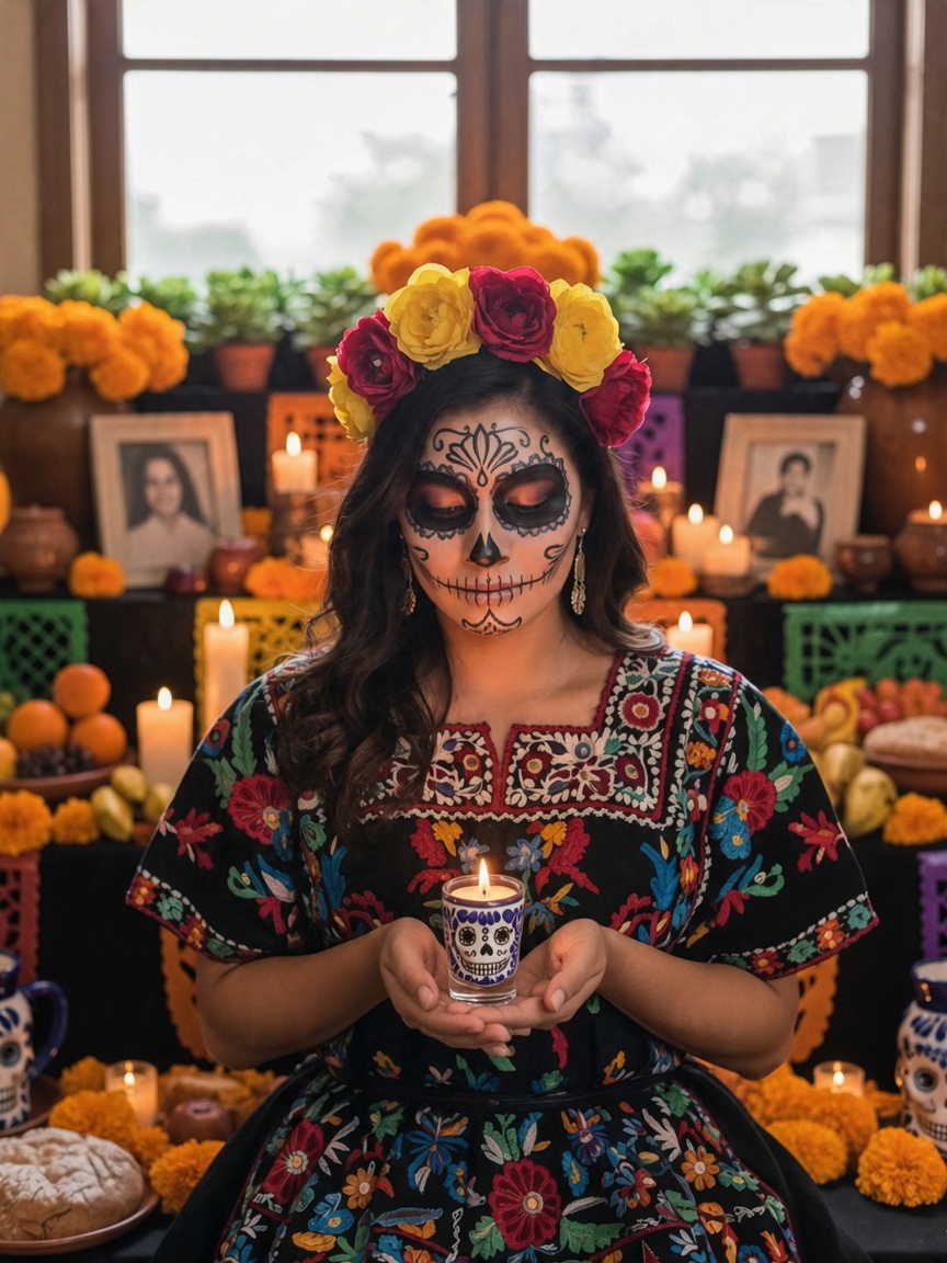The Vela Lady Calavera shot glass soy candle held by a woman in traditional Dia de los Muertos makeup and clothing.