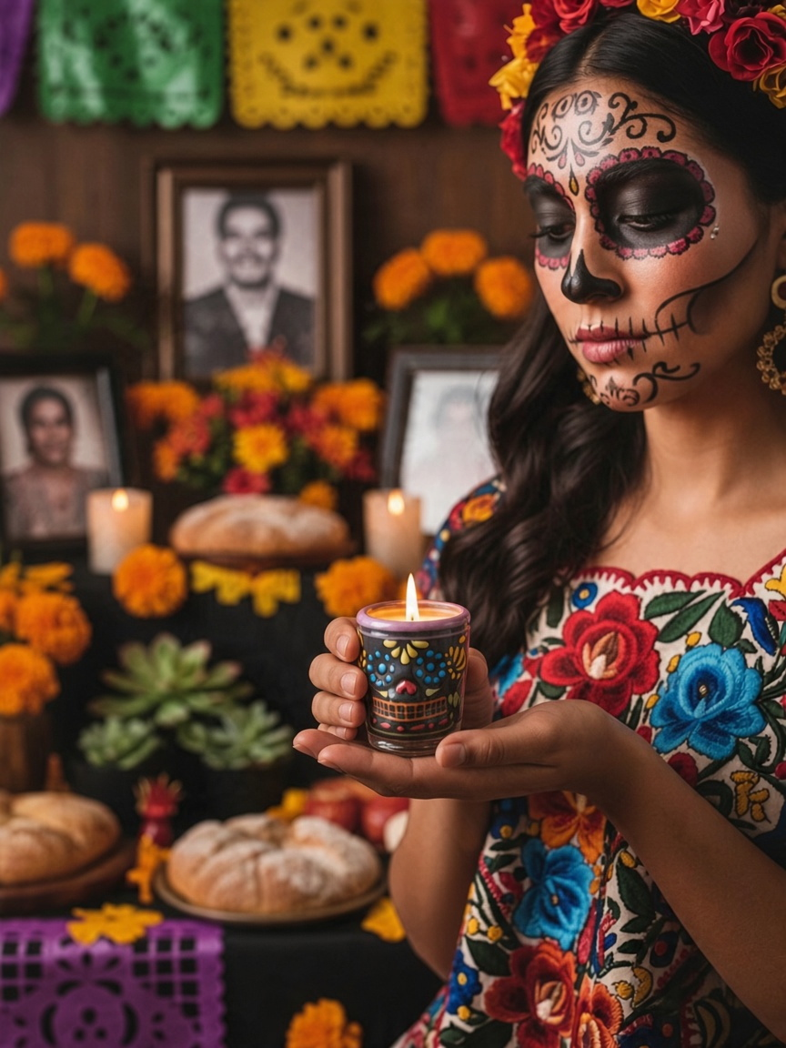 The Vela Lady Calavera shot glass soy candle held by a woman in traditional Dia de los Muertos makeup and clothing.