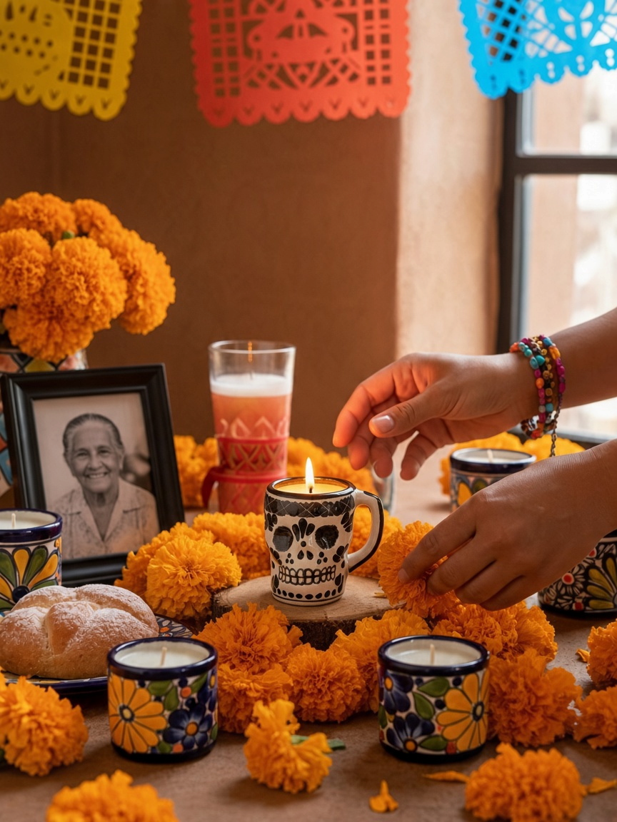 The Vela Lady Calavera shot glass candle in black and white Talavera ceramic, surrounded by marigolds and ofrenda decor.