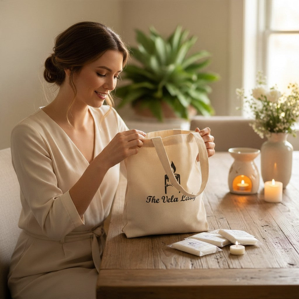 A woman smiling while holding a natural cotton canvas The Vela Lady branded tote bag at a wooden table with candles.