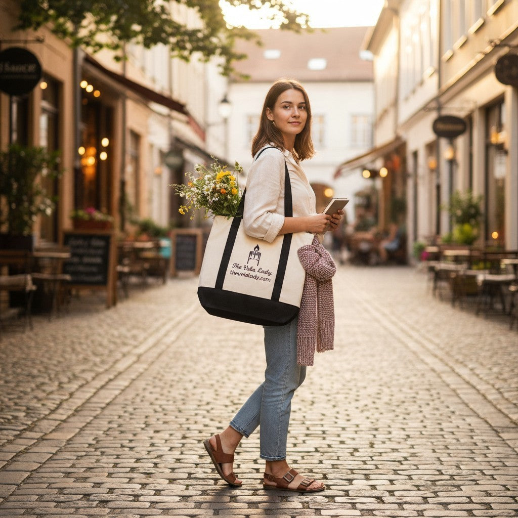 A woman carrying The Vela Lady natural canvas tote bag with black accents and floral bouquet on a cobblestone street.