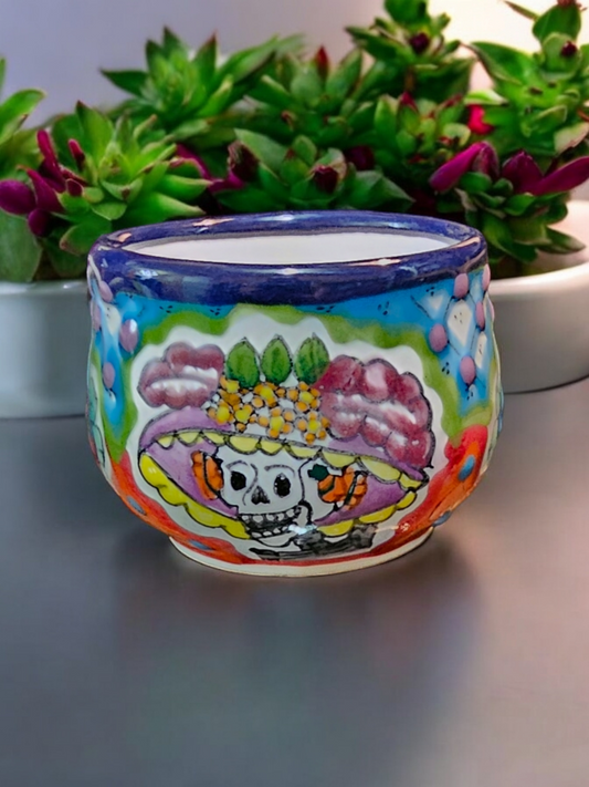 The Vela Lady La Catrina Talavera mug featuring vibrant hand-painted Day of the Dead skull art on ceramic pottery.