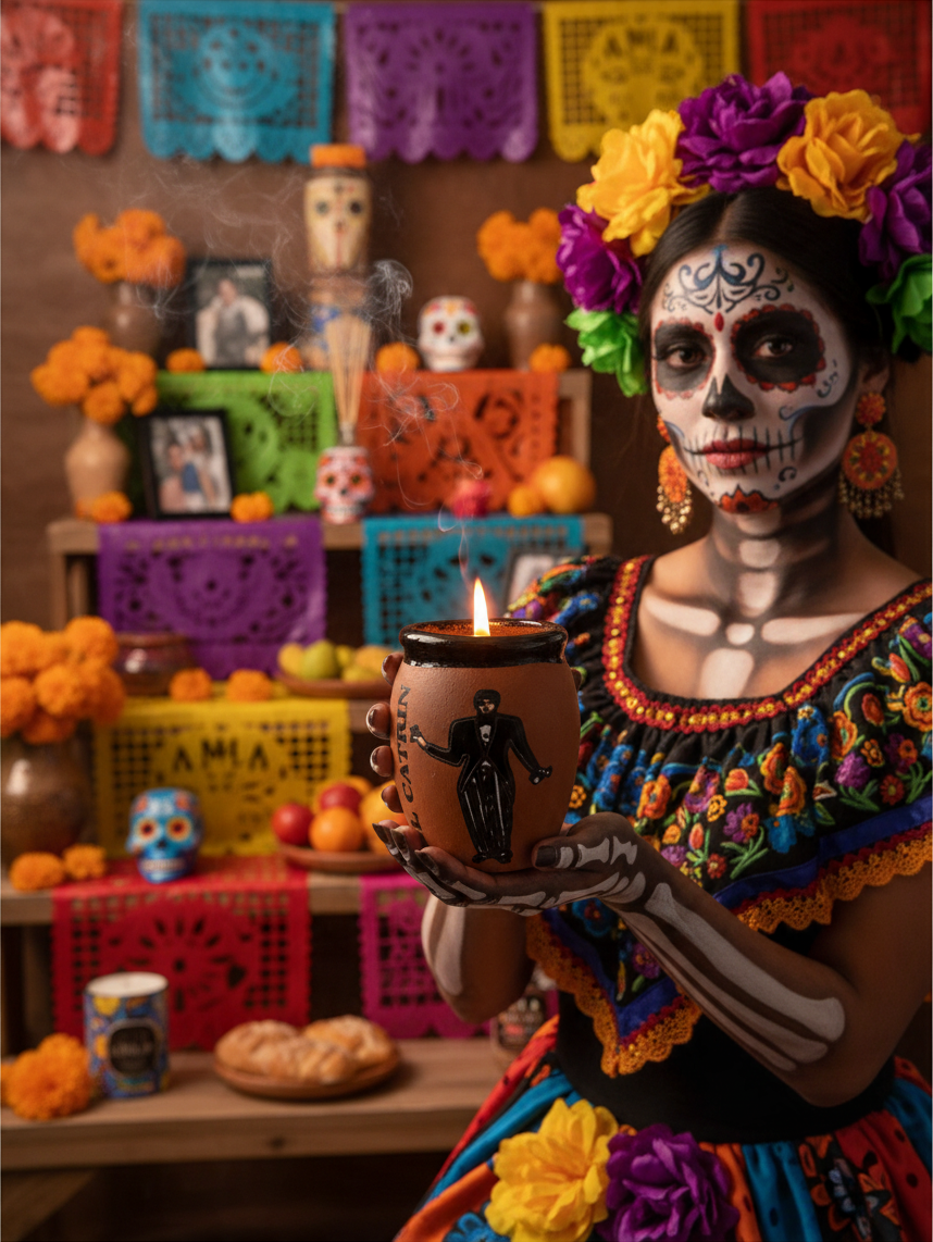 The Vela Lady El Catrin cantarito soy candle held by a woman in traditional Day of the Dead makeup and colorful dress.